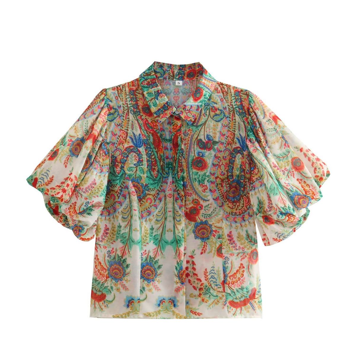 Verve 2025 Summer New Women's Fashion Niche Design Turn-down Collar Printed Chiffon Puff Sleeve Blouse_ecoleips.com