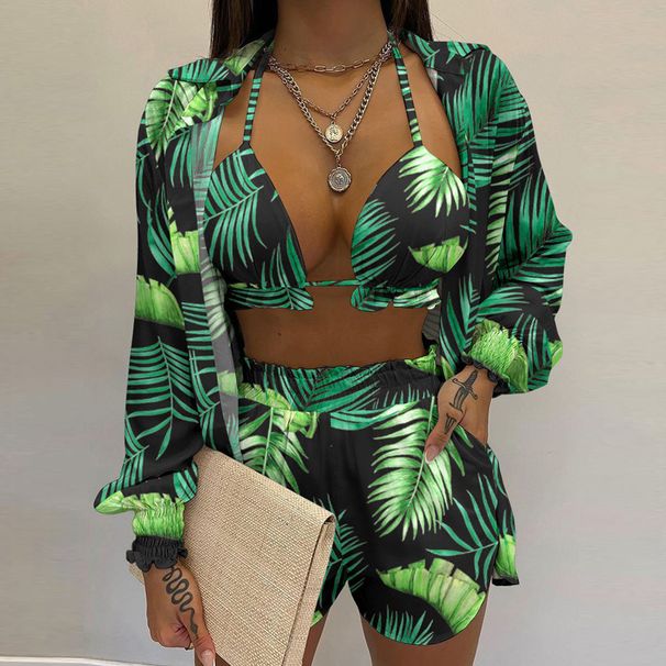Female Clothing Sexy Printed Suspender Shirt Shorts Three-piece Suit For Women_ecoleips.com