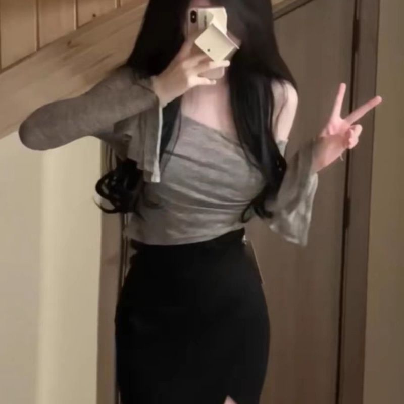 Pure Desire Style Sexy Outfit For Women Spring Summer Black Slit Strap Dress Gray Ruched Short T-Shirt Two-Piece Set_ecoleips.com
