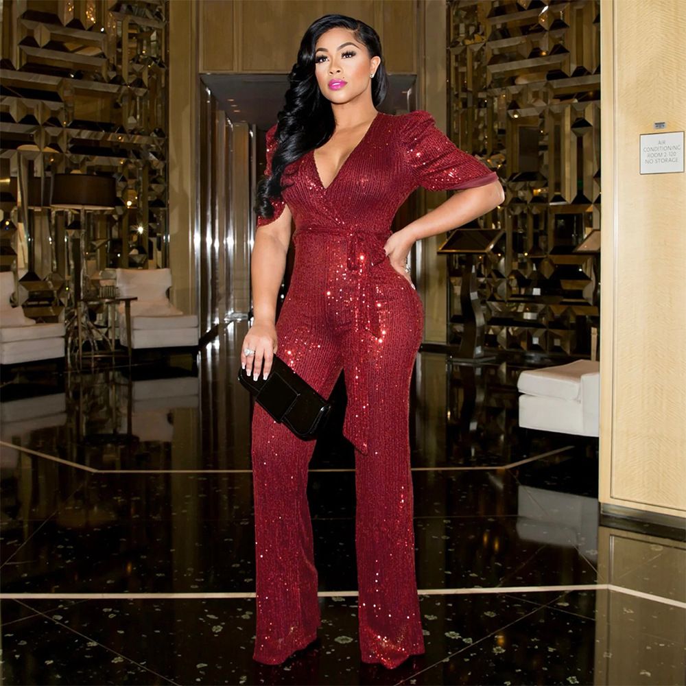 Women's clothing sexy deep v-neck sequined jumpsuit, fashionable sequined party style wide-leg pants for women_ecoleips.com
