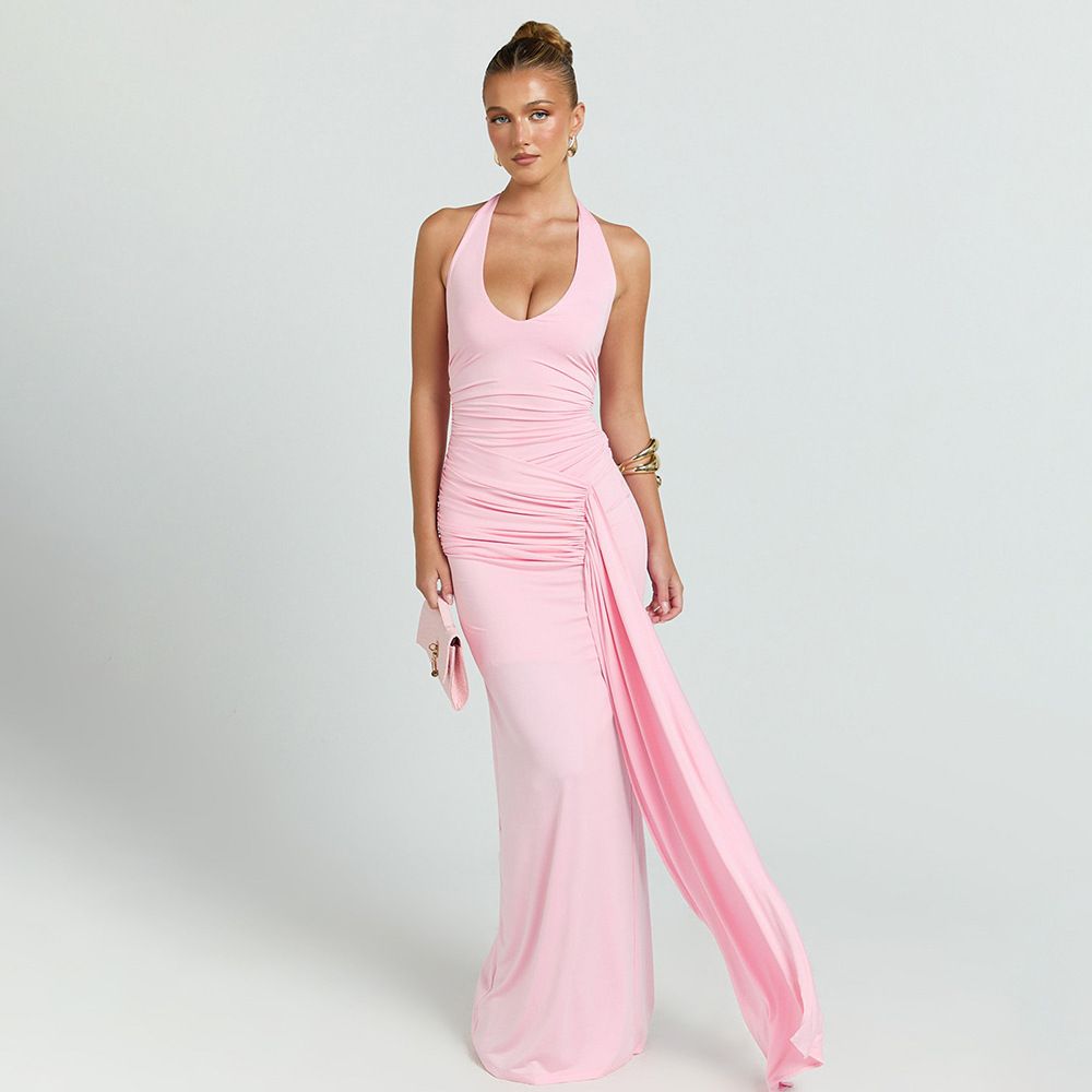 Elegant Deep V Halter Maxi Dress With Flowing Ribbon & Fishtail Hem – Sexy Backless Formal Gown In Black, Sage Green, Red & Pink (S/M/L)_ecoleips.com