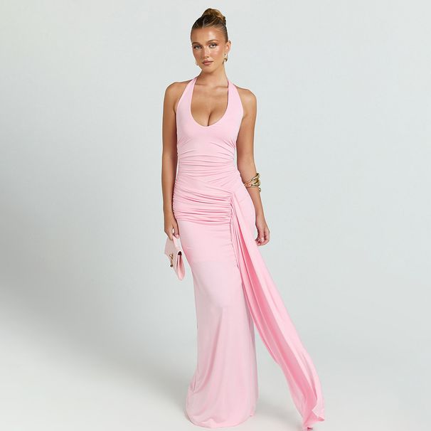 Elegant Deep V Halter Maxi Dress With Flowing Ribbon & Fishtail Hem – Sexy Backless Formal Gown In Black, Sage Green, Red & Pink (S/M/L)_ecoleips.com