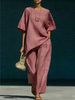 Women's Clothing Fashion Women's Summer Set Simple Loose Short Sleeve Irregular Hem Top With Wide Leg Pants_ecoleips.com