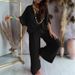 Women's Clothing V Neck Bat Sleeve Casual Loose Wide Leg Pants Suit_ecoleips.com