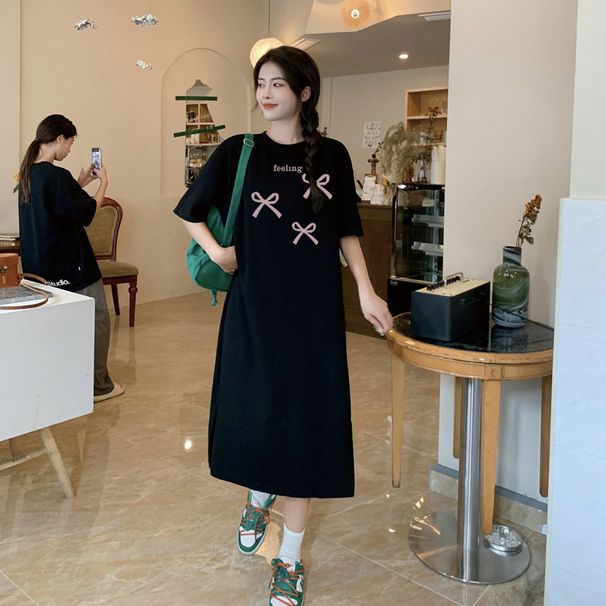 Summer Loose Bow Print Korean Women's Fashionable Simple Casual Round Neck Slit Dress_ecoleips.com