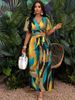Women's Clothing Fashion Printed Pleated Butterfly Sleeves V Neck Top Lace Up Waist Wide Leg Trousers Suit_ecoleips.com