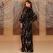 2025 New Women's Fashion European And American Cross-Border Trade V-Neck Waist-Cinching Slit Printed Black Long_ecoleips.com