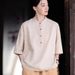 Spring/Summer Cotton/Linen Shirt With Stand-Up Collar, Solid-Color Design, Artistic And Retro Style; Suitable For Women_ecoleips.com