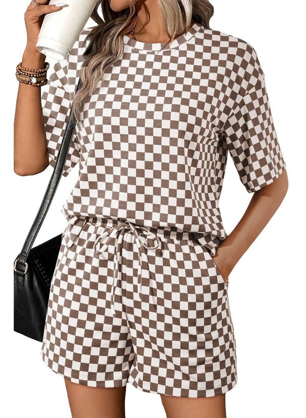 Women's Checkerboard Print Short Sleeve T-Shirt With Drawstring Pocket Shorts Set, Casual Loungewear Two Piece Outfit For Summer, Street Style_ecoleips.com