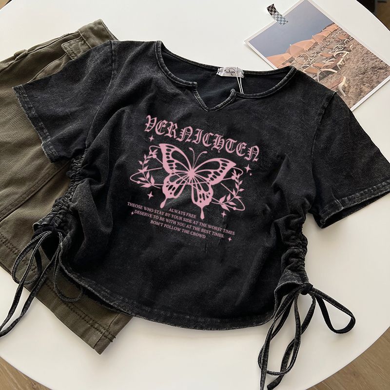 Women's Clothing Top Retro Washed Old T Shirt Print Pure Cotton Design Couple Outfit_ecoleips.com