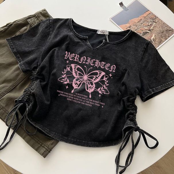Women's Clothing Top Retro Washed Old T Shirt Print Pure Cotton Design Couple Outfit_ecoleips.com
