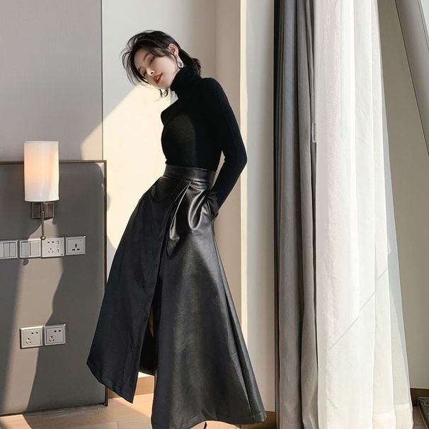 Verve Black Midi 2025 Autumn Winter Split High Waist Slimming Hip Cover Leather Large Swing A-line Skirt_ecoleips.com