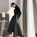 Verve Black Midi 2025 Autumn Winter Split High Waist Slimming Hip Cover Leather Large Swing A-line Skirt_ecoleips.com