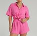 2025 European And American Women's Loose-fitting Fashion Casual Set: Short-sleeved Shirt + Shorts, Single-breasted,_ecoleips.com