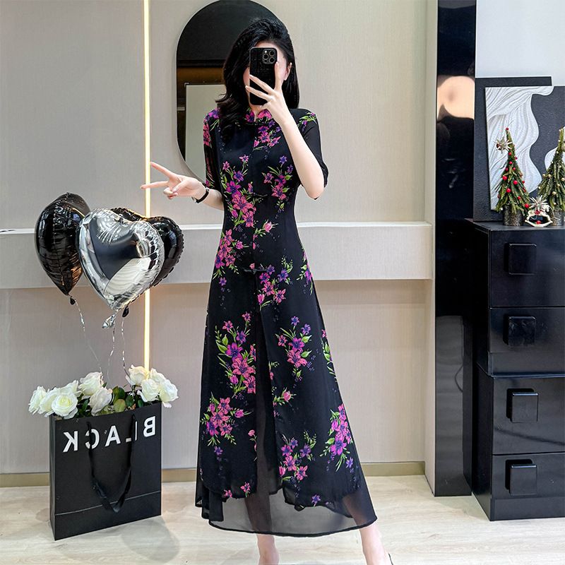 New Chinese-Style Traditional Dress For Women-Summer High-End Fashion With Slimming Effect, Floral Chiffon Long Skirt_ecoleips.com