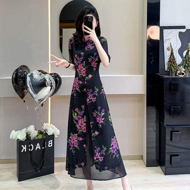 New Chinese-Style Traditional Dress For Women-Summer High-End Fashion With Slimming Effect, Floral Chiffon Long Skirt_ecoleips.com