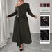 Off-Shoulder Plus Size Fall Dress – High Waist Slimming Long Sleeve Coffee Brown Dress With Belt Detail_ecoleips.com