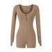 Women’s Stretch Long-Sleeve Jumpsuit Shorts – Round Neck Button-Up Romper | Slim Fit Casual One-Piece With Comfortable Elastic Waist_ecoleips.com