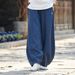 Johnature Summer Solid Color Pockets Loose Pants 2025 New Women Vintage Elastic Waist Cotton Linen Wide Leg Full Length Pants_ecoleips.com
