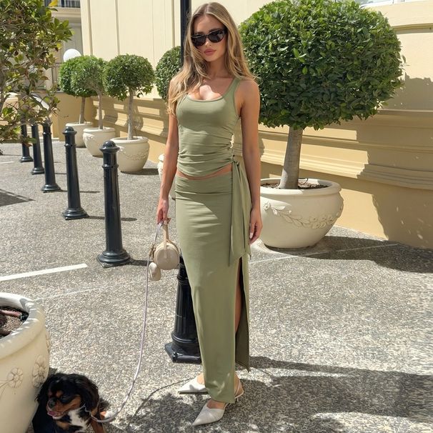 Women's Fashionable Solid Color Sleeveless Vest And High Waisted Skirt Set Simple Summer Outfit Cross Border Clothing_ecoleips.com
