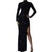 Women's Clothing Glitter High Neck Long Sleeve Bodycon Dress With Backless & Slit Design – Trendy Party & Evening Wear (Black, Silver)_ecoleips.com
