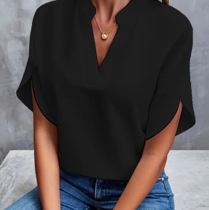 Women's V Neck Shirt Short Sleeved Pullover Casual Versatile Solid Color European And American Style Summer Top_ecoleips.com