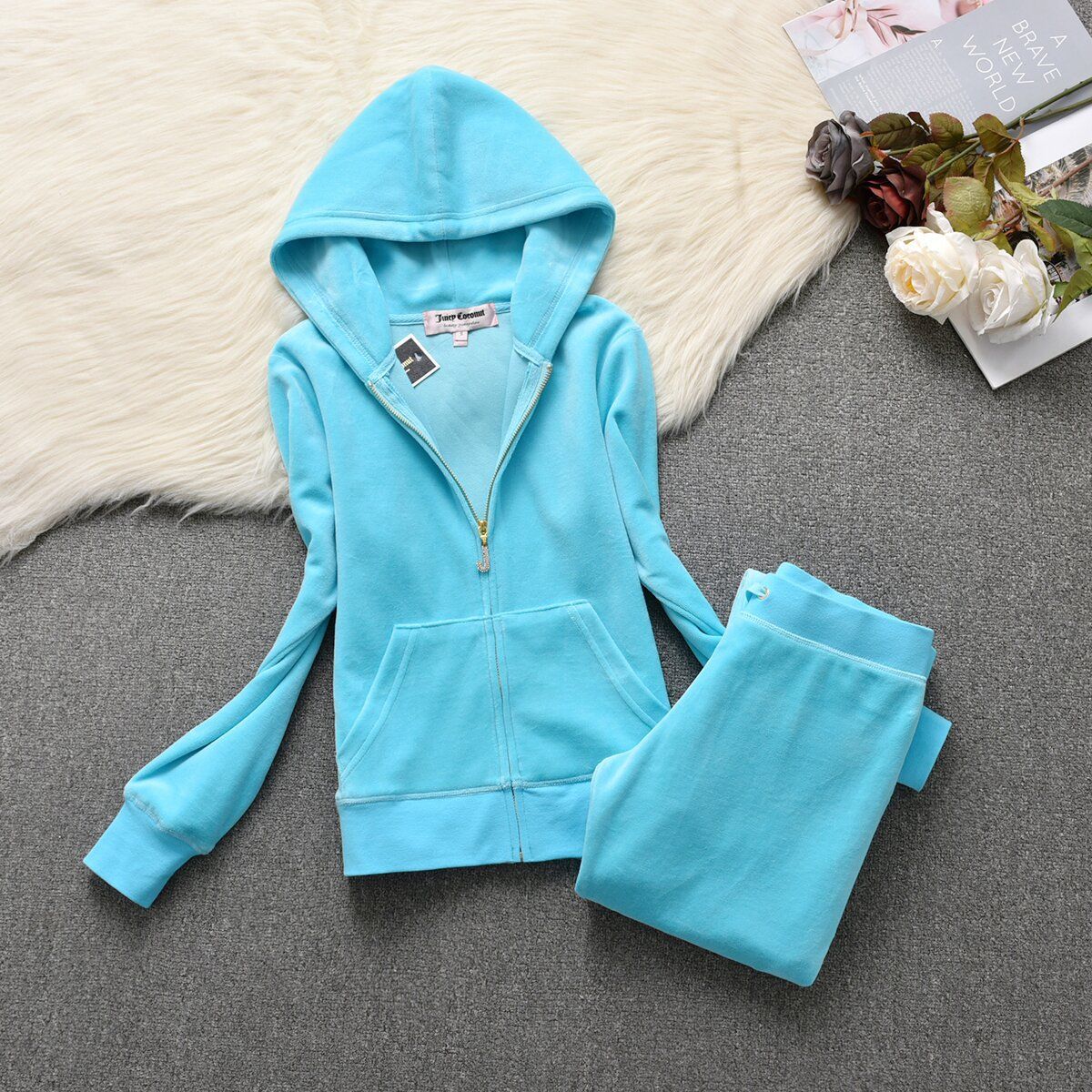 Women's Velvet Two Piece Set Spring Autumn Casual Sports Suit Solid Color Hooded Cardigan Straight Leg Pants_ecoleips.com