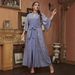 Elegant V-Neck Floral Print Maxi Dress With Belt – Plus Size Modest Abaya For Middle Eastern Women Travel-Ready_ecoleips.com