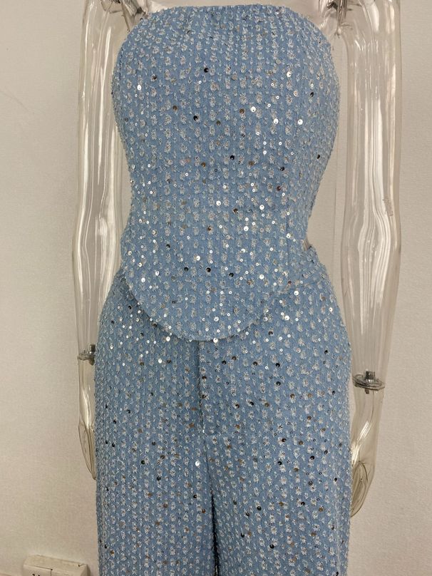 K Female Sexy Denim Sequins Slim Fit Strapless Wide Leg Pants_ecoleips.com