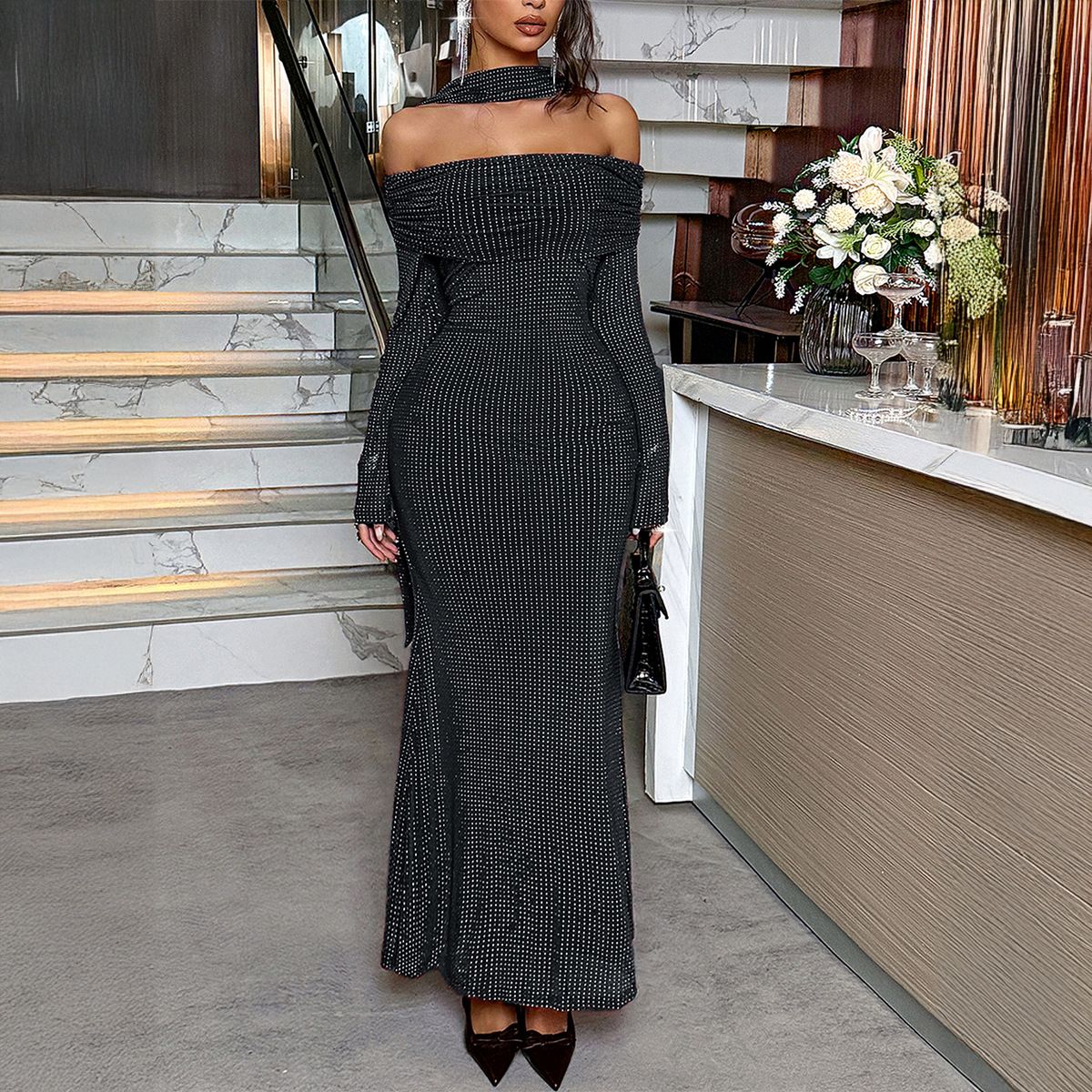 Strapless Long Sleeve Bodycon Maxi Dress For Women Party Club Evening Wear_ecoleips.com
