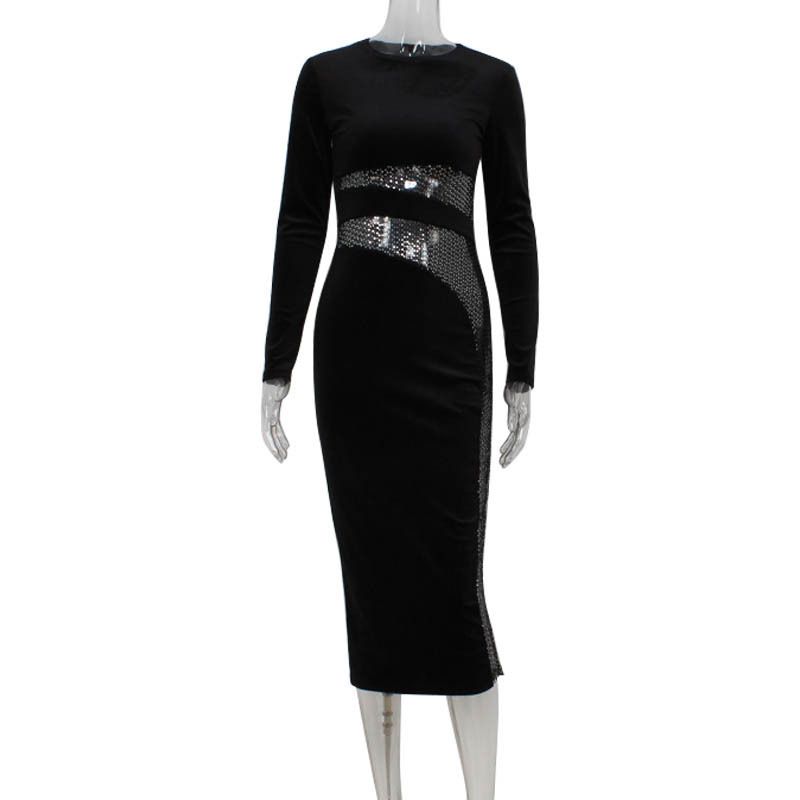 Women's Clothing Winter Arrivals Sexy Mature Suede Mesh Beaded Irregular Hollow Perspective Slim One Step Dress_ecoleips.com