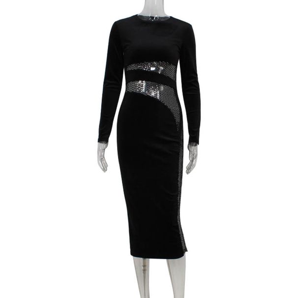 Women's Clothing Winter Arrivals Sexy Mature Suede Mesh Beaded Irregular Hollow Perspective Slim One Step Dress_ecoleips.com