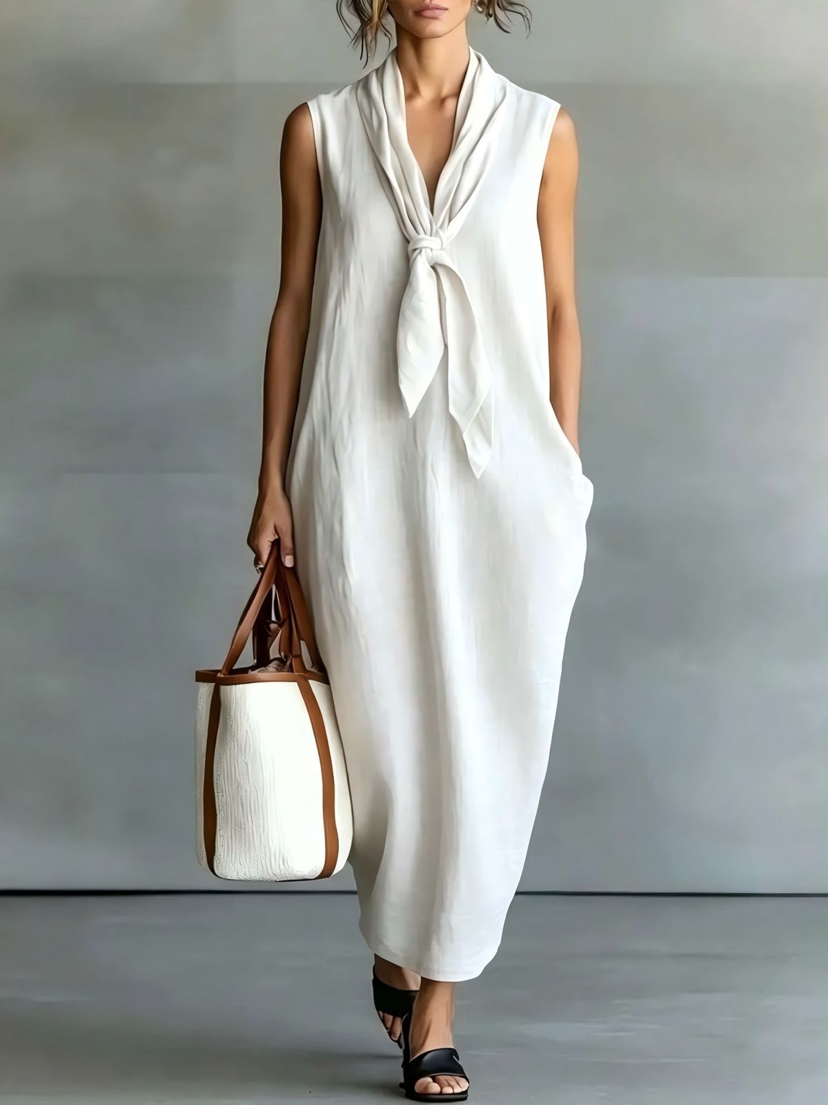 Summer Chinese Style Women's Dress Elegant Linen Straight Skirt round Neck A-Line Slim Fit Casual Vintage Fashion_ecoleips.com