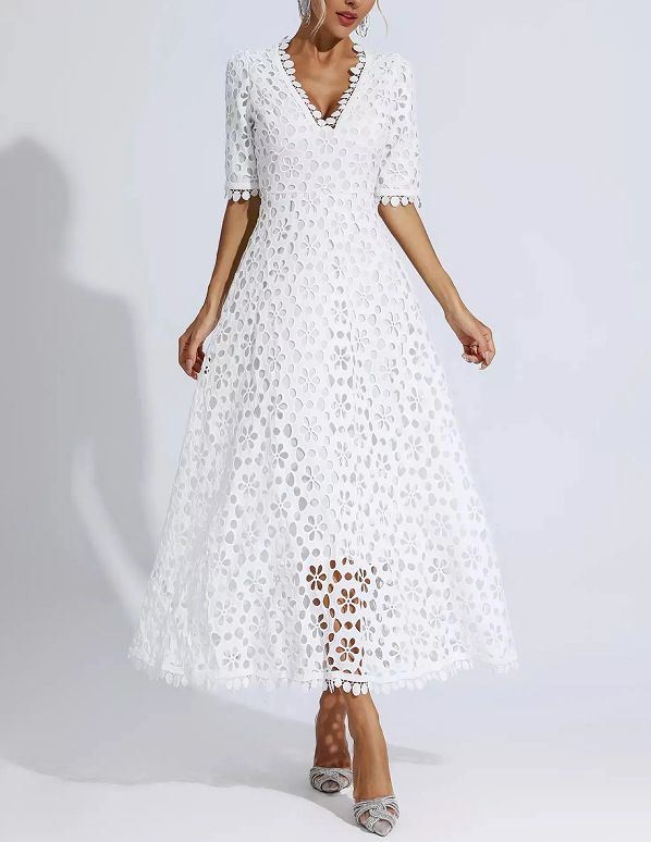 Women's Deep V Neck Mid Sleeve Knee Length Lace Evening Party Dress Elegant Formal Dinner Bridal Event Gown_ecoleips.com
