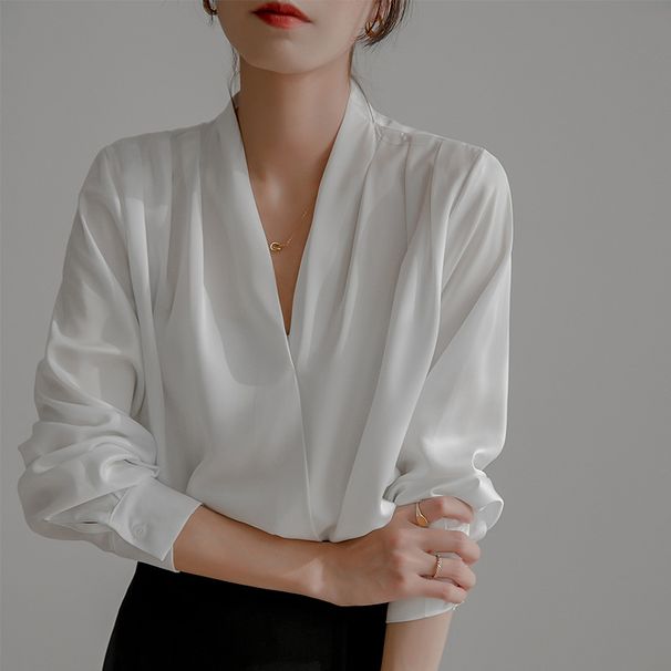 2025 Spring White Shirt, Women's Long Sleeve French Design, Niche Silk Top, Professional Satin Shirt_ecoleips.com