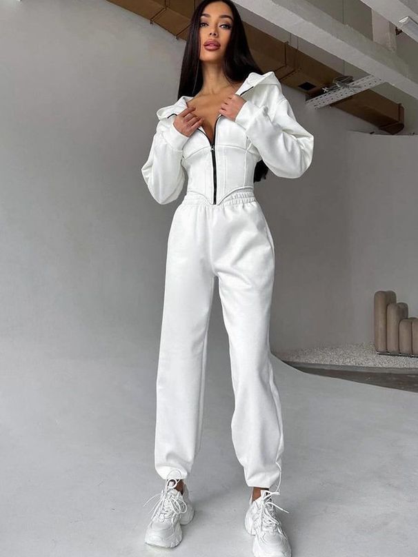 European American Style Autumn Winter Women's Solid Color Waist Cinch Hooded Sweatshirt And Sports Casual Long Pants_ecoleips.com