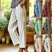 Women's Striped Cotton Linen Pants with Stretch Waistband And Pockets Casual Loose Fit Straight Leg European And American Style_ecoleips.com