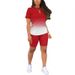 Women's Clothing Women's Summer T-Shirt And Shorts Set Solid Color Gradient Print Round Neck Short Sleeved Style Clothing_ecoleips.com