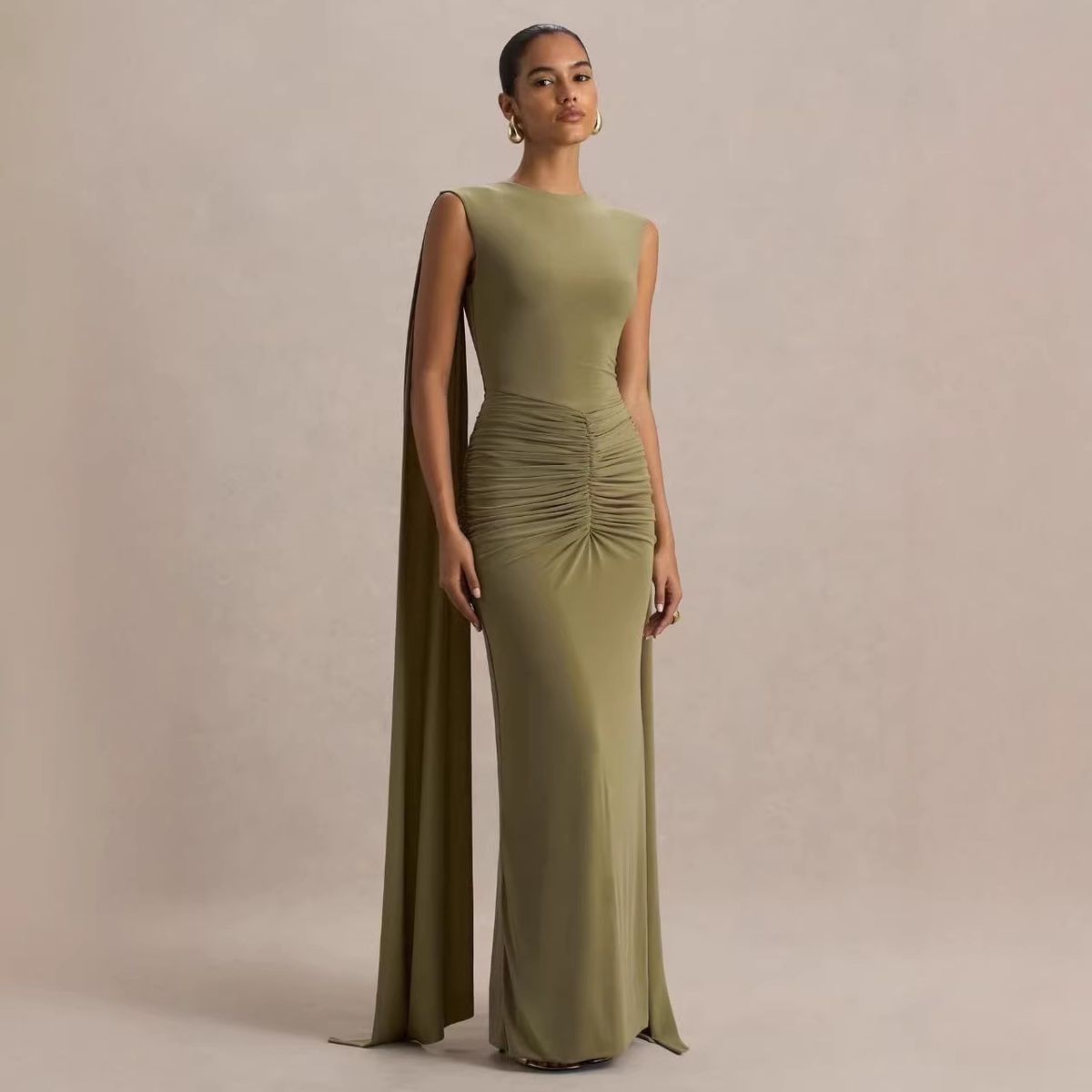 Women's Clothing Women's Sleeveless Long Dress Round Neck Pleated Waist Backless Style Ribbon Cape Evening Gown_ecoleips.com