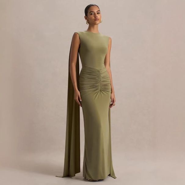 Women's Clothing Women's Sleeveless Long Dress Round Neck Pleated Waist Backless Style Ribbon Cape Evening Gown_ecoleips.com