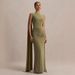 Women's Clothing Women's Sleeveless Long Dress Round Neck Pleated Waist Backless Style Ribbon Cape Evening Gown_ecoleips.com