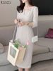 ZANZEA Elegant Women Slim Knee-length Dress Fashion Square Neck 3/4 Sleeve Seamed Party Vestidos Casual Commute Solid Short Robe_ecoleips.com