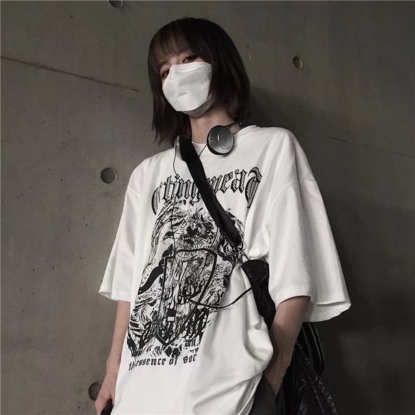 Harajuku Retro Style Hip Hop Street Trend Letter Print Top Men's And Women's Summer Crew-neck Loose Short-sleeved T-shirt_ecoleips.com