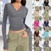 Women's V Neck Long Sleeve Basic Slim Fit T-Shirt Tops Versatile Autumn Winter New_ecoleips.com