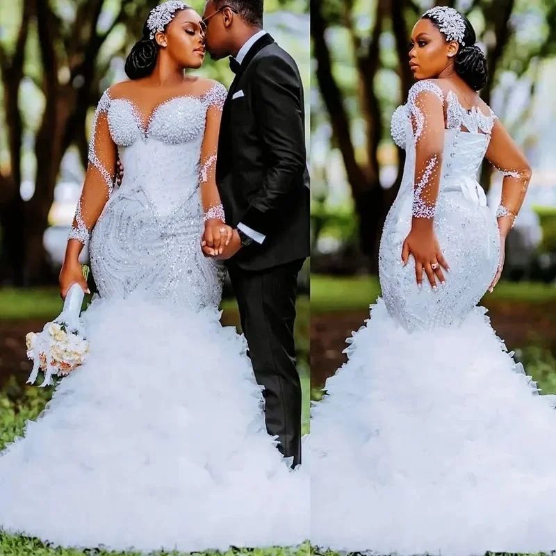 Women's Clothing White Mermaid Wedding Dress Transparent Beaded Sequined Tulle Bridal Gown With Lace Layered Long Sleeves Vintage Style_ecoleips.com