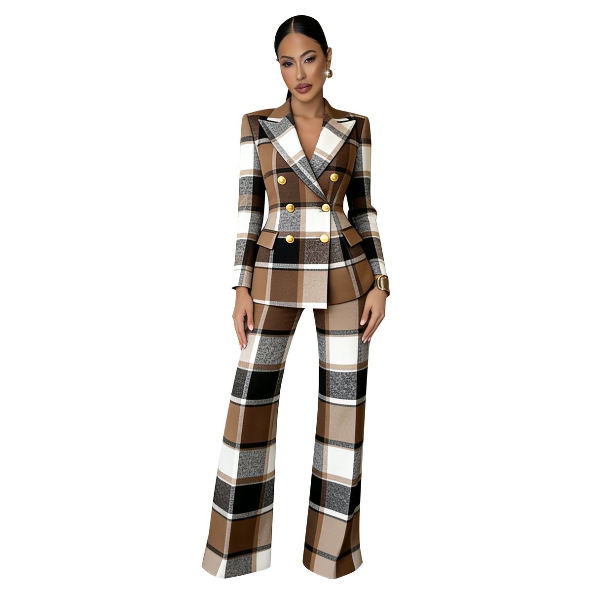Women's Clothing Chic Checkered Pantsuit For Women – Office-Ready Blazer & Trousers Set With Slim Fit & Stretch Polyester (Pink-Blue Mix, S-XXL)_ecoleips.com