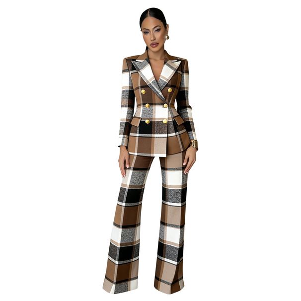 Women's Clothing Chic Checkered Pantsuit For Women – Office-Ready Blazer & Trousers Set With Slim Fit & Stretch Polyester (Pink-Blue Mix, S-XXL)_ecoleips.com