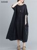 Cotton Vintage Short Sleeve Solid Color Dresses For Women 2026 Summer Casual Loose Long Black Dress Femme Robe Elegant Clothing_ecoleips.com