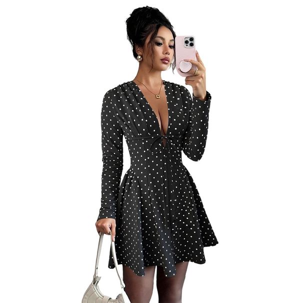 Voya Foreign Trade European And American New Spring-summer Fashion Sweet Polka Dot V-neck Long-sleeve_ecoleips.com