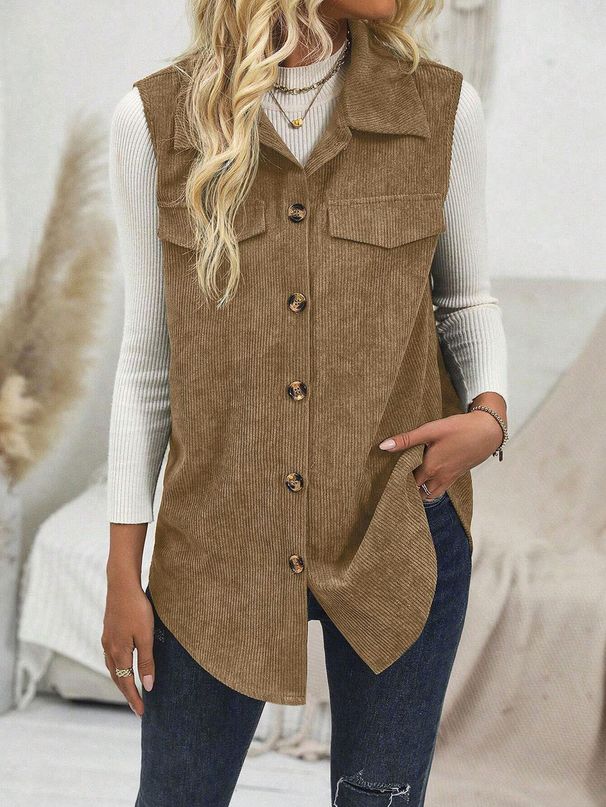 Corduroy Duster Vest For Women – Longline Button-Up Shacket With Lapel Collar, Casual Office Cardigan In Camel/, Polyester Layering Essential_ecoleips.com